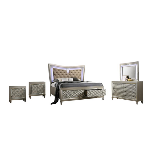 Luxurious 5PC Bedroom Set: Platform Panel Bed with LED Lit Headboard