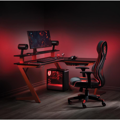 Avatar Battlestation L-Shape Gaming Desk with Carbon Top and Matte Red Legs