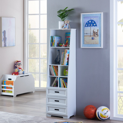 Tall White Bookcase with Toy Storage - Stylish, Functional, and Safe