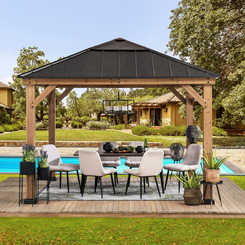 Outdoor Patio Cedar Framed Gazebo with Steel and Polycarbonate Hip Roof Hardtop - Create Your Outdoor Oasis