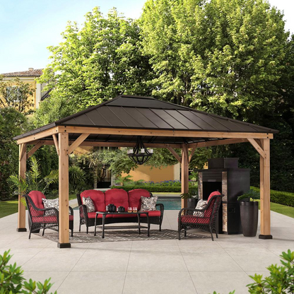 Outdoor Patio Cedar Framed Gazebo with Steel and Polycarbonate Hip Roof Hardtop - Create Your Outdoor Oasis