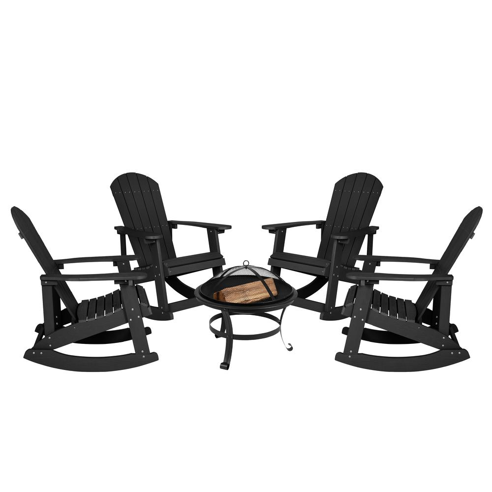 Savannah Set of 4 Black All-Weather Poly Resin Wood Adirondack Rocking Chairs with 22" Round Wood Burning Fire Pit