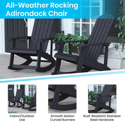 Savannah Set of 4 Black All-Weather Poly Resin Wood Adirondack Rocking Chairs with 22" Round Wood Burning Fire Pit