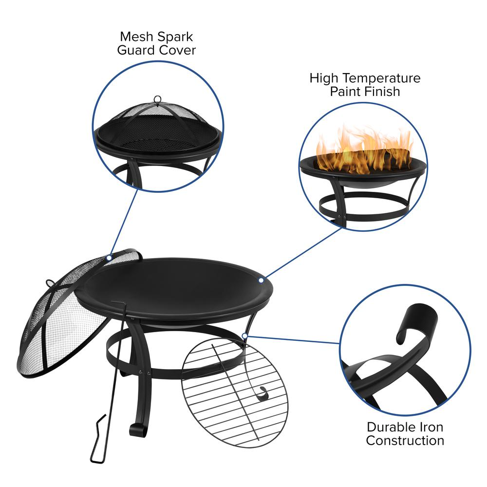 Savannah Set of 4 Black All-Weather Poly Resin Wood Adirondack Rocking Chairs with 22" Round Wood Burning Fire Pit