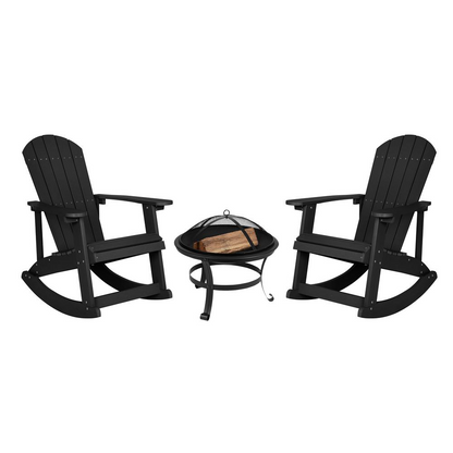 Savannah Set of 2 Black All-Weather Poly Resin Wood Adirondack Rocking Chairs with 22" Round Wood Burning Fire Pit