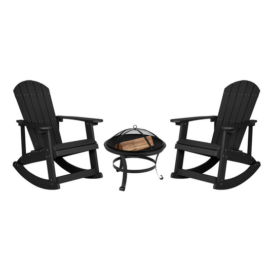 Savannah Set of 2 Black All-Weather Poly Resin Wood Adirondack Rocking Chairs with 22" Round Wood Burning Fire Pit