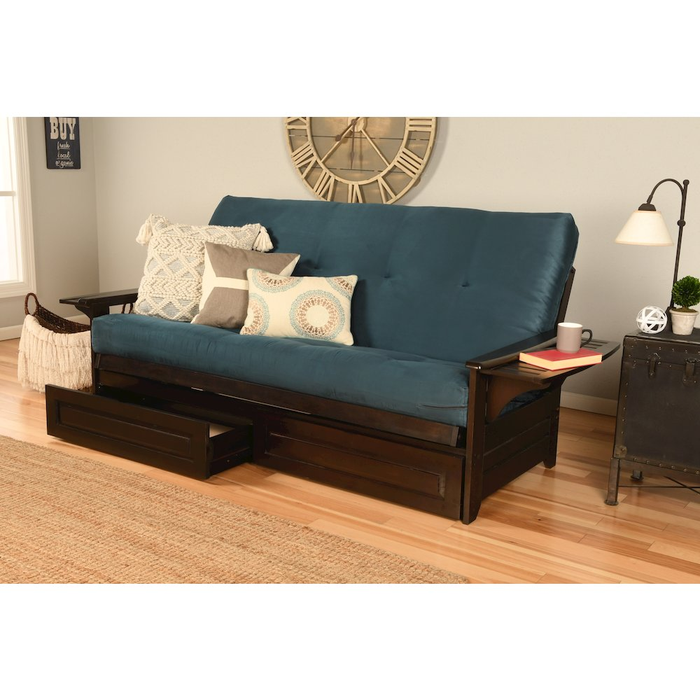 Phoenix Frame-Espresso Finish-Suede Navy Mattress-Storage Drawers - Versatile and Stylish Futon for Your Living Space