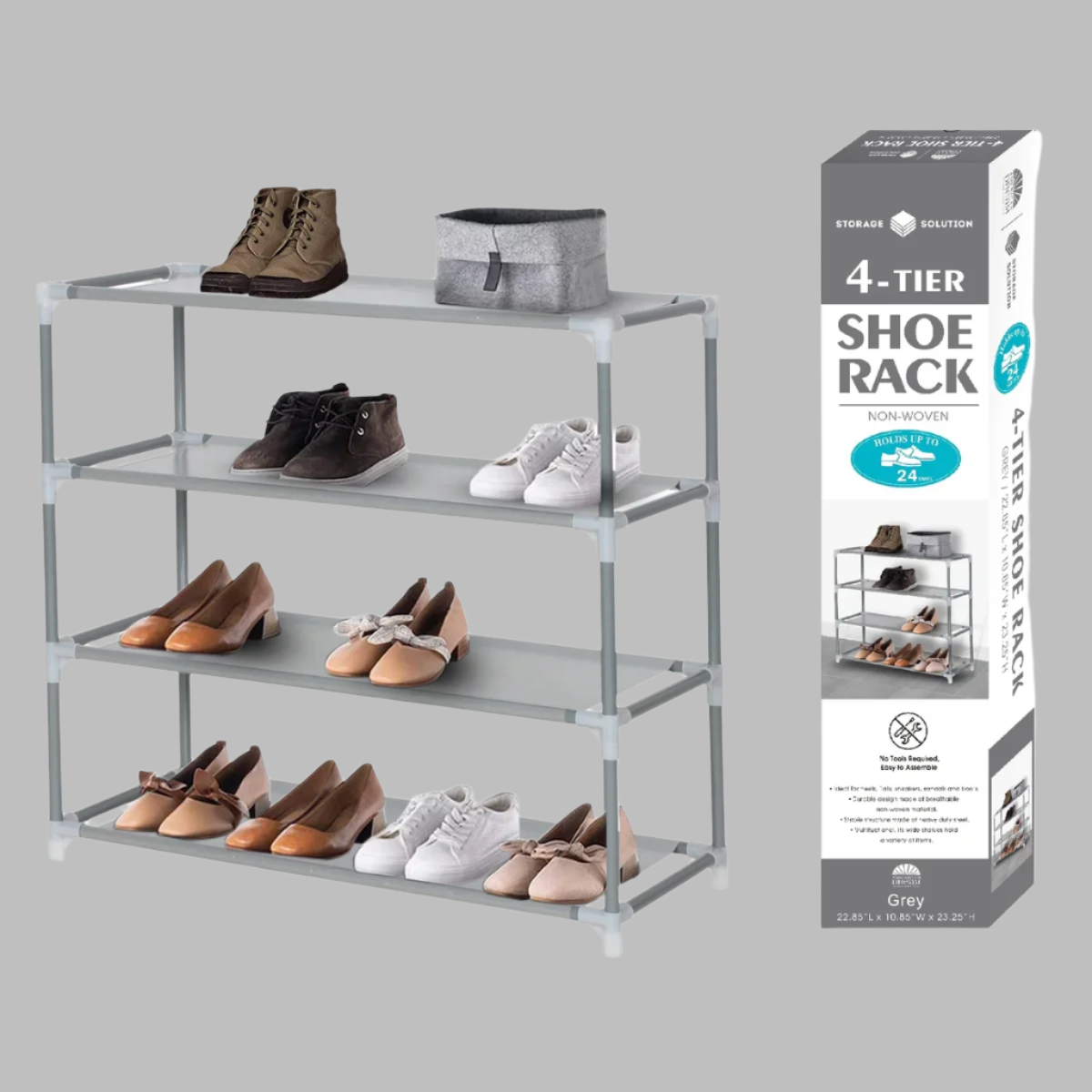 J&V TEXTILES Stackable 4-Tier Shoe Rack, Over-Door or Floor Organizer, Black/Gray