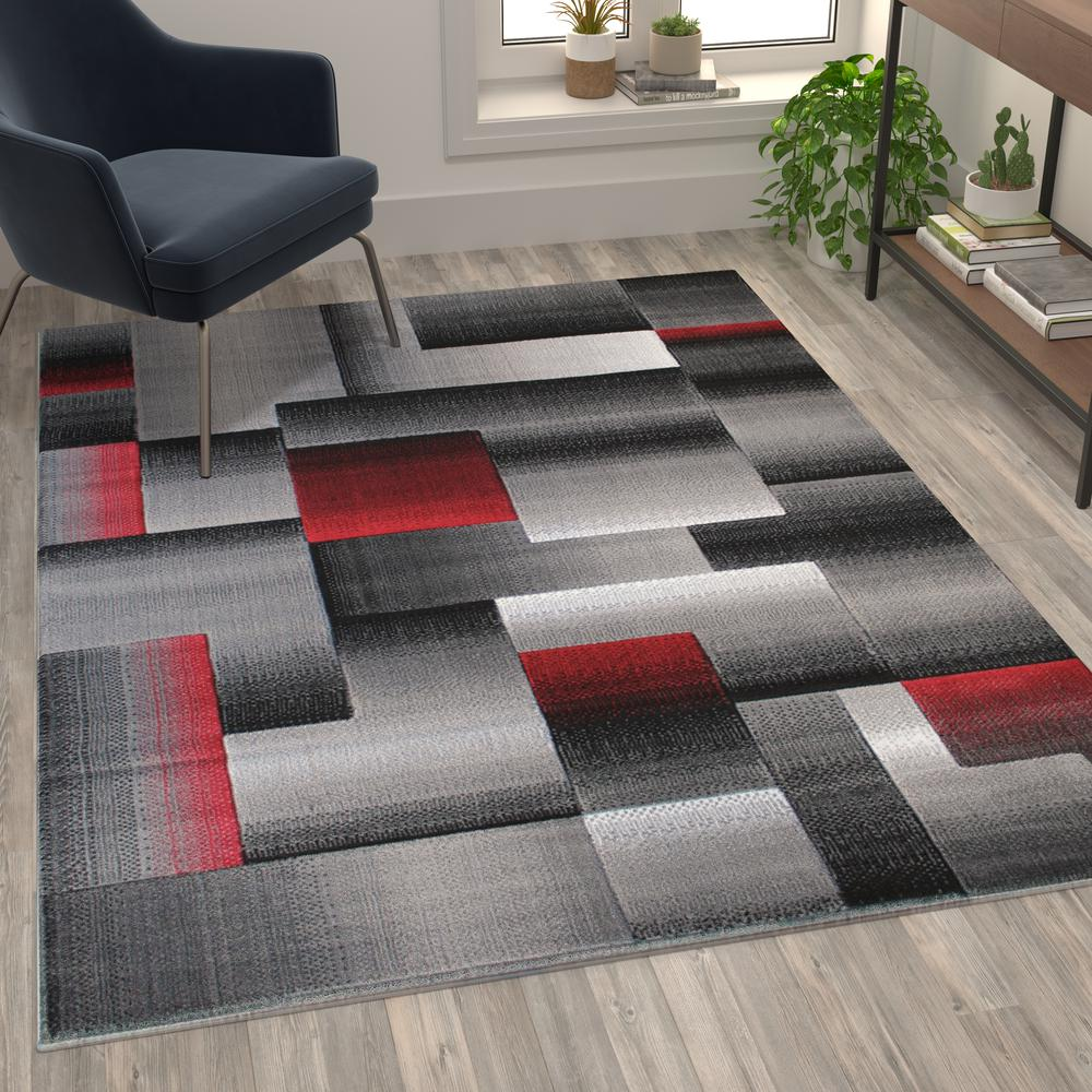 5' x 7' Red Color Blocked Area Rug - Modern Geometric Design