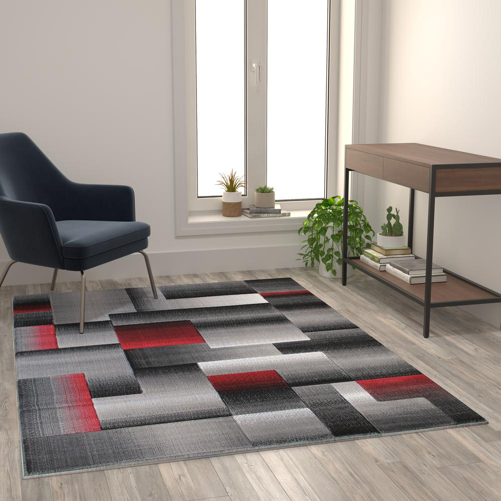 5' x 7' Red Color Blocked Area Rug - Modern Geometric Design