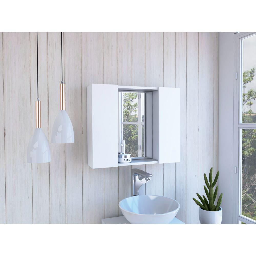 DEPOT E-SHOP Garnet Medicine Cabinet, Mirror, One External Shelf, Two-Door Cabinet-White, For Bathroom