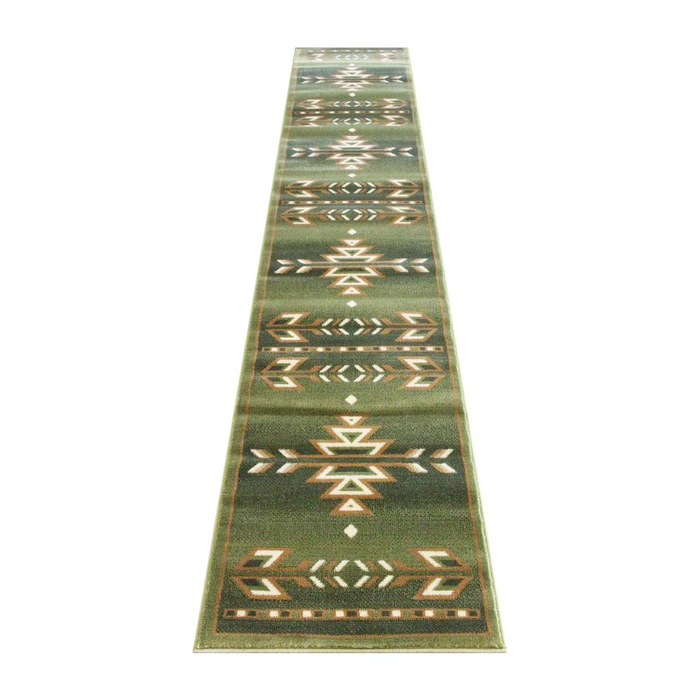 Lodi Collection Southwestern 2' x 11' Green Area Rug - Durable Olefin Rug with Jute Backing