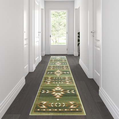 Lodi Collection Southwestern 2' x 11' Green Area Rug - Durable Olefin Rug with Jute Backing