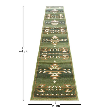 Lodi Collection Southwestern 2' x 11' Green Area Rug - Durable Olefin Rug with Jute Backing