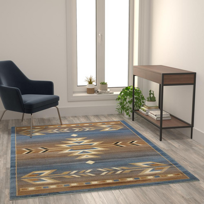 Southwestern Blue Area Rug - 5' x 7' - Stain-Resistant Olefin Fibers