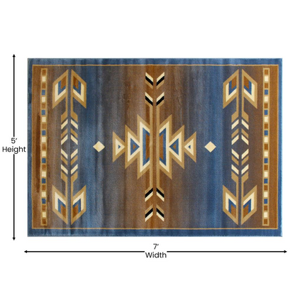 Southwestern Blue Area Rug - 5' x 7' - Stain-Resistant Olefin Fibers