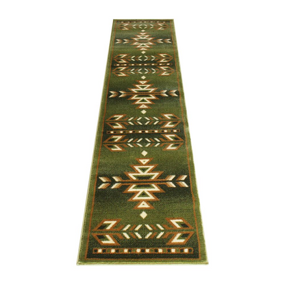 Southwestern 2' x 7' Green Area Rug - Olefin Rug | Geometric Pattern, Stain-Resistant, Kid and Pet Friendly