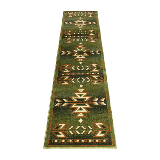 Southwestern 2' x 7' Green Area Rug - Olefin Rug | Geometric Pattern, Stain-Resistant, Kid and Pet Friendly