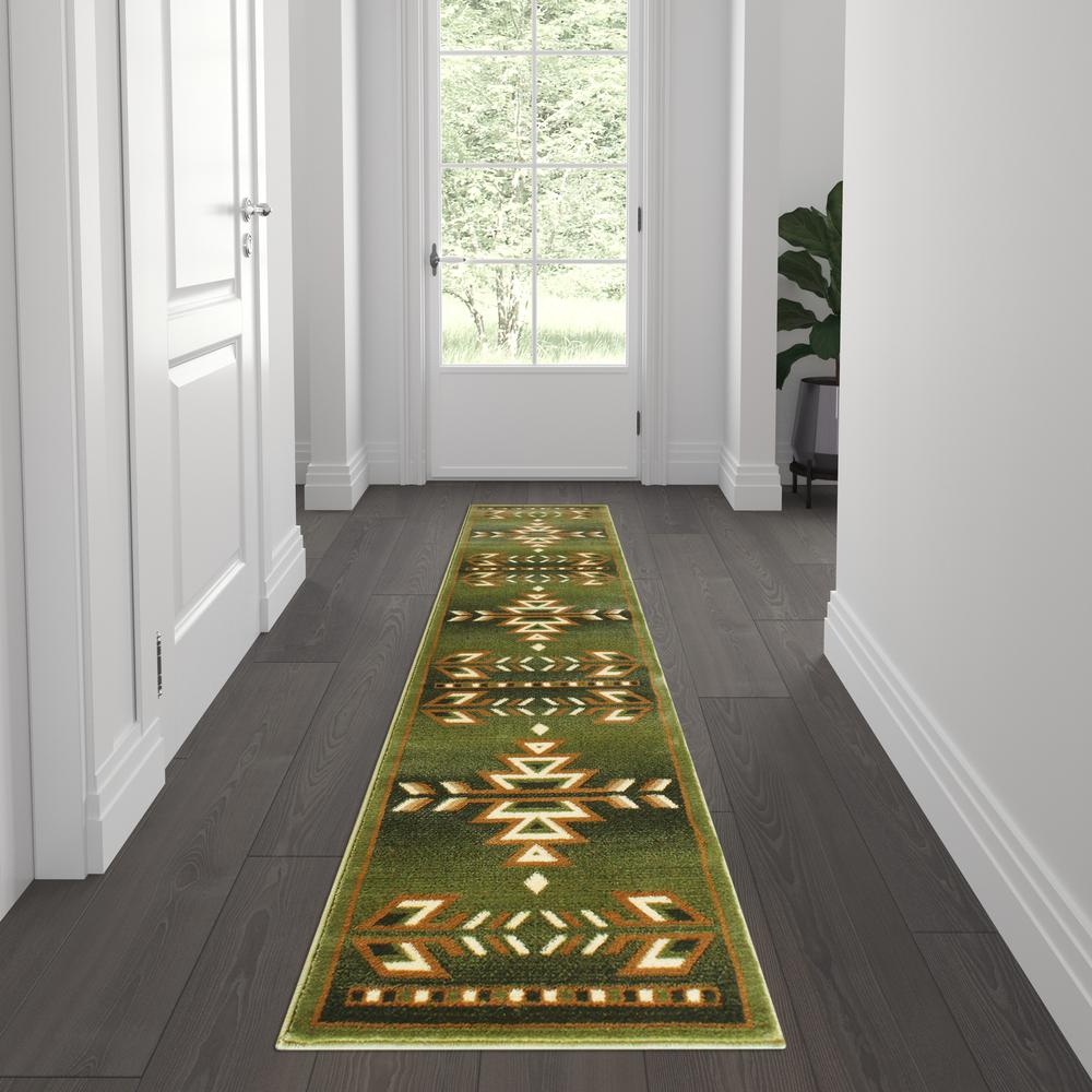 Southwestern 2' x 7' Green Area Rug - Olefin Rug | Geometric Pattern, Stain-Resistant, Kid and Pet Friendly