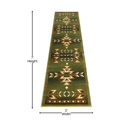 Southwestern 2' x 7' Green Area Rug - Olefin Rug | Geometric Pattern, Stain-Resistant, Kid and Pet Friendly