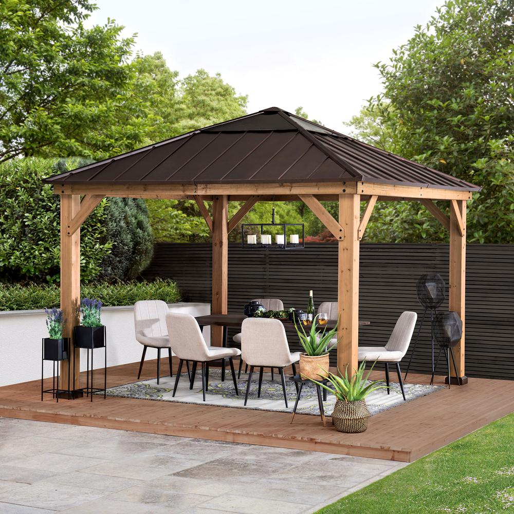 Outdoor Patio Cedar Framed Gazebo with Steel and Polycarbonate Hip Roof Hardtop - Create Your Outdoor Oasis