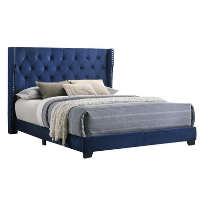 Navy Blue Velvet Queen Bed: Tufted & Studded Chic Design