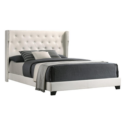 White Faux Leather King Bed: Tufted with Side Studs