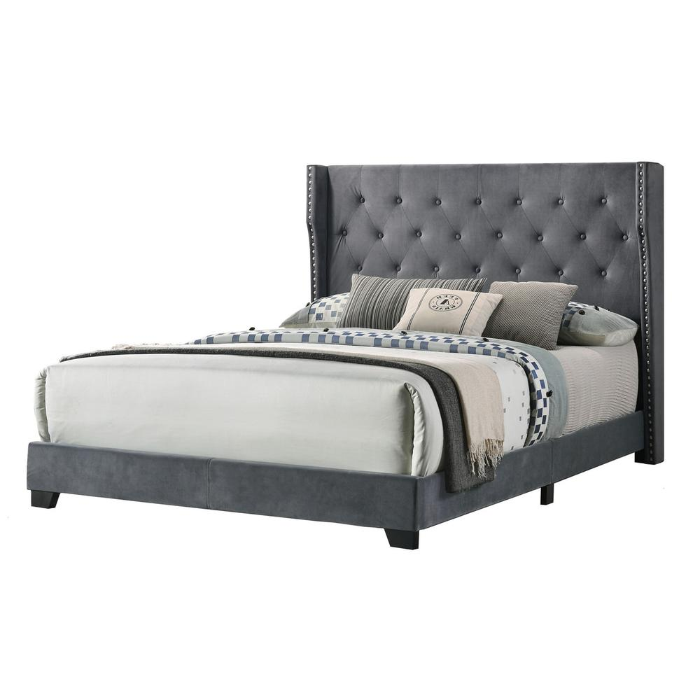 Dark Grey Velvet Eastern King Bed: Tufted & Studded