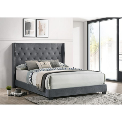 Dark Grey Velvet Eastern King Bed: Tufted & Studded