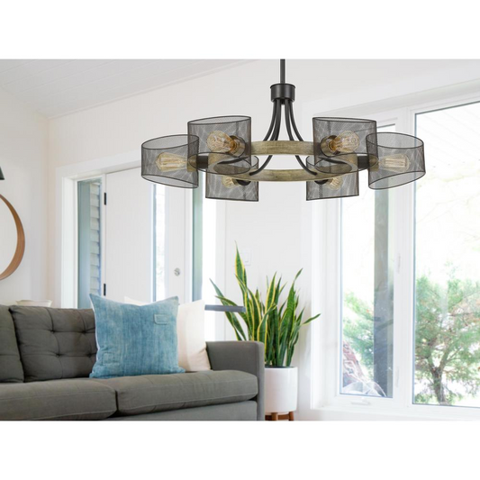 60W X 6 Dronten Metal/Wood Chandelier With Mesh Shades