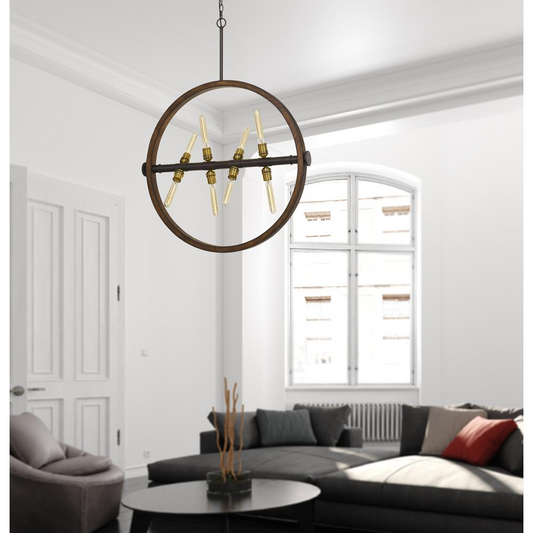 60W X 8 Teramo Wood/Metal Chandelier With Glass Shade - Rustic Charm meets Modern Design