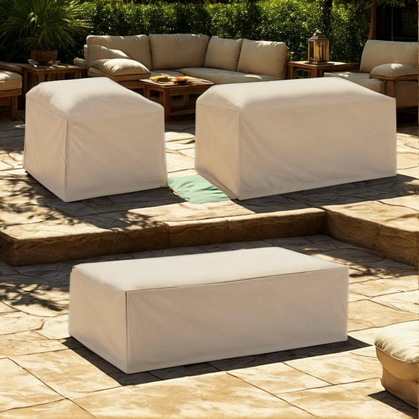 Full 3-piece cover set shown on patio furniture