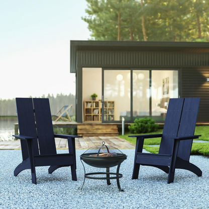 Finn Set of 2 Navy Modern All-Weather 2-Slat Poly Resin Rocking Adirondack Chairs with 22" Round Wood Burning Fire Pit