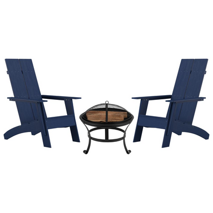 Finn Set of 2 Navy Modern All-Weather 2-Slat Poly Resin Rocking Adirondack Chairs with 22" Round Wood Burning Fire Pit