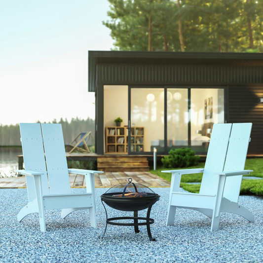 Finn Set of 2 White Modern All-Weather Rocking Adirondack Chairs with Wood Burning Fire Pit