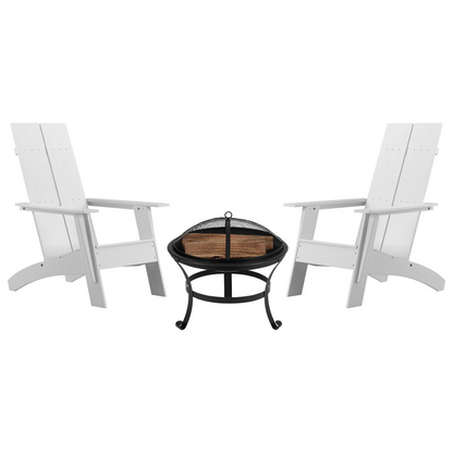 Finn Set of 2 White Modern All-Weather Rocking Adirondack Chairs with Wood Burning Fire Pit