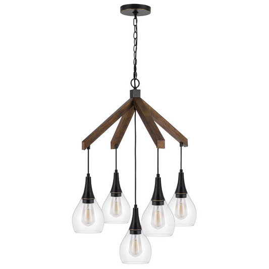 60W x 5 Watkins Rubber Wood Chandelier with Hanging Glass Shades