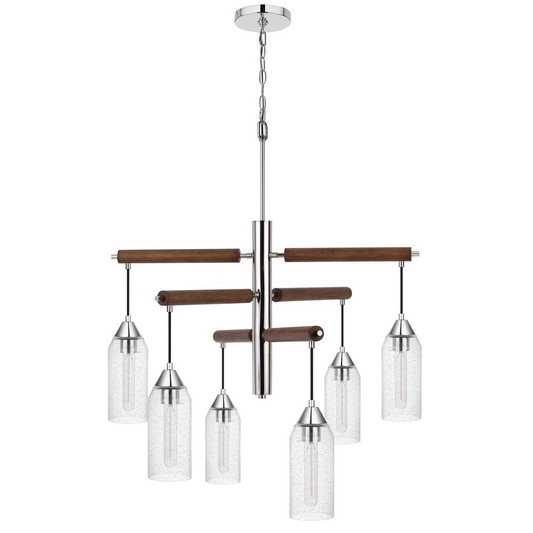 60W x 6 Massillon Rubber Wood Chandelier with Hanging Bulbbed Glass Shades