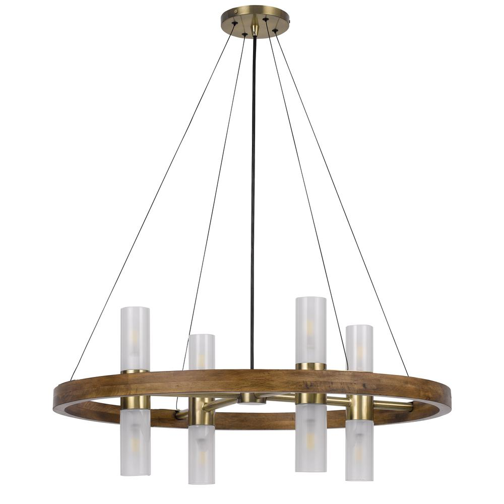 40W x 8 Hempstead Birch Wood Cylinder Chandelier with Adjustable Steel Cable and Glass Shades